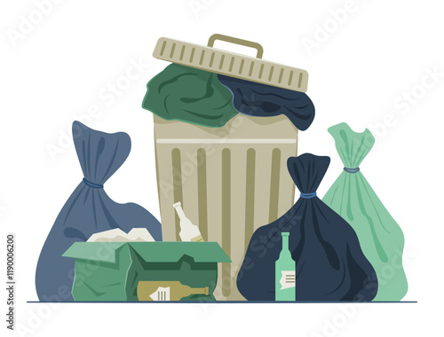 Trash Can with Pile of Garbage Bags for Scattered Trash Concept Illustration