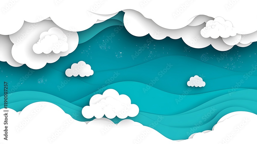 Fototapeta premium White Clouds Floating Over Teal Wavy Sky