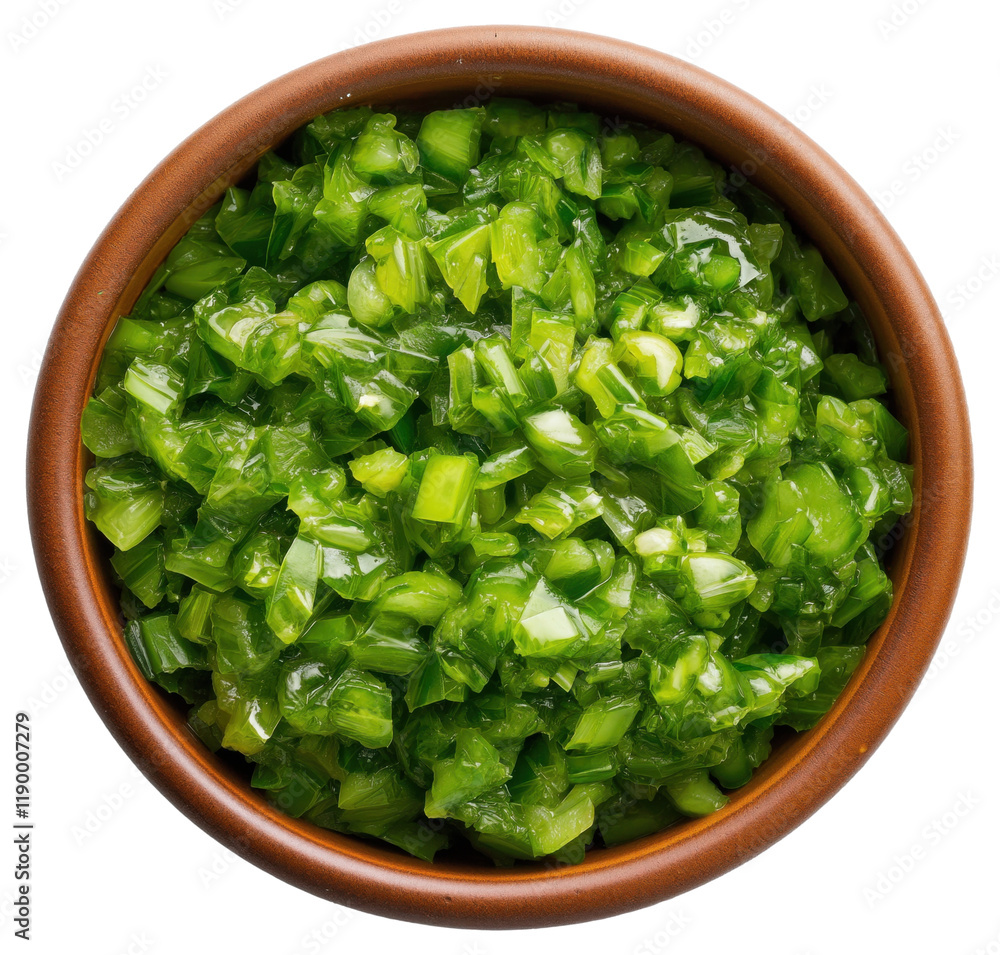 Freshly chopped green vegetables in a brown bowl isolated on transparent background. Freshly chopped green vegetables in a brown bowl isolated on transparent background.