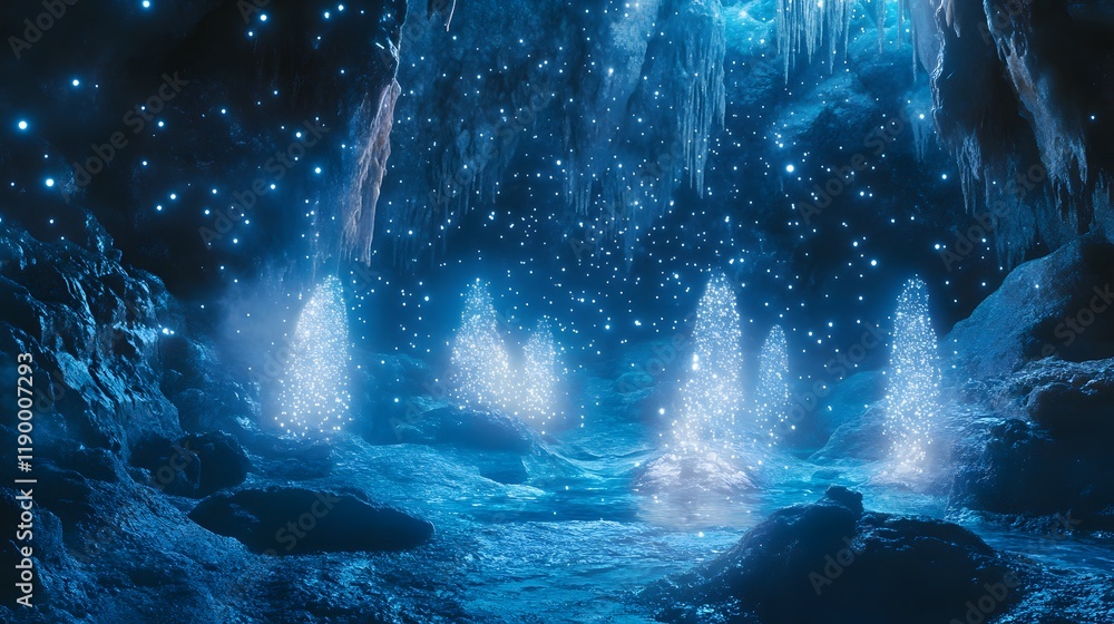 Luminous Pillars in a Celestial Cave Scene Luminous Pillars in a Celestial Cave Scene