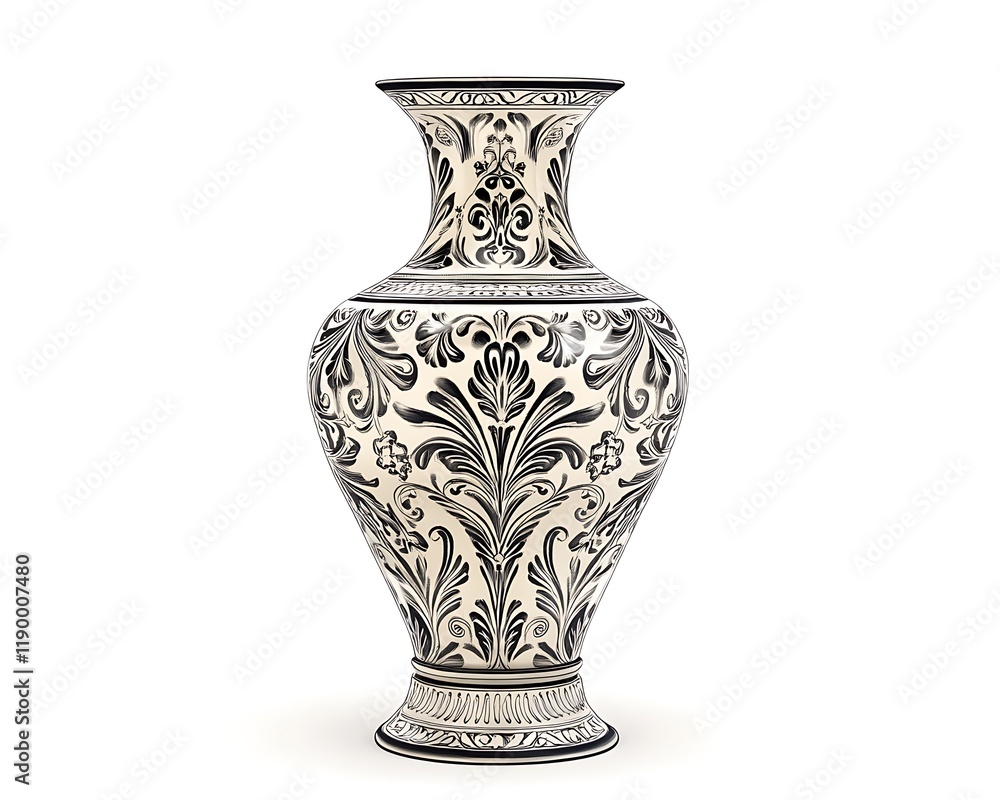 Elegant antique vase featuring elaborate patterns, high-resolution detailed illustration, white background, full-body shot,