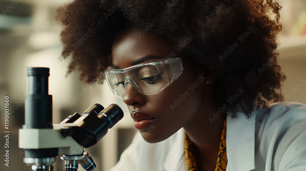 A female scientist in a lab, peering into a microscope A female scientist in a lab, peering into a microscope
