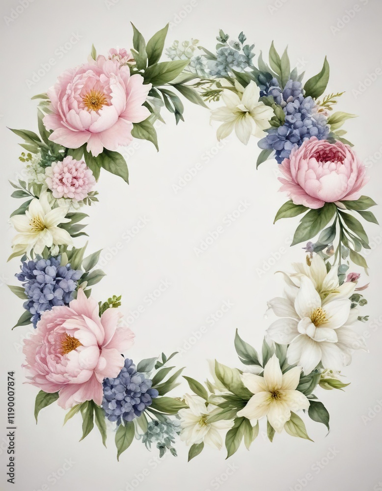 Elegant watercolor wreath with peonies, lilies, and hydrangeas on a white background, elegant, peonies, flowers, lilies Elegant watercolor wreath with peonies, lilies, and hydrangeas on a white background, elegant, peonies, flowers, lilies