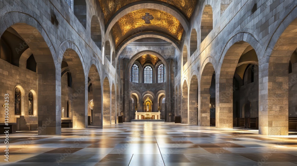 Grand stone church interior, serene Grand stone church interior, serene