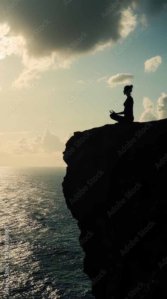 Peaceful Silhouette of a Person Meditating on a Rocky Cliff Edge Peaceful Silhouette of a Person Meditating on a Rocky Cliff Edge