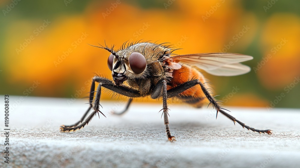 Orange fly perched, garden bokeh, macro detail, insect photography Orange fly perched, garden bokeh, macro detail, insect photography