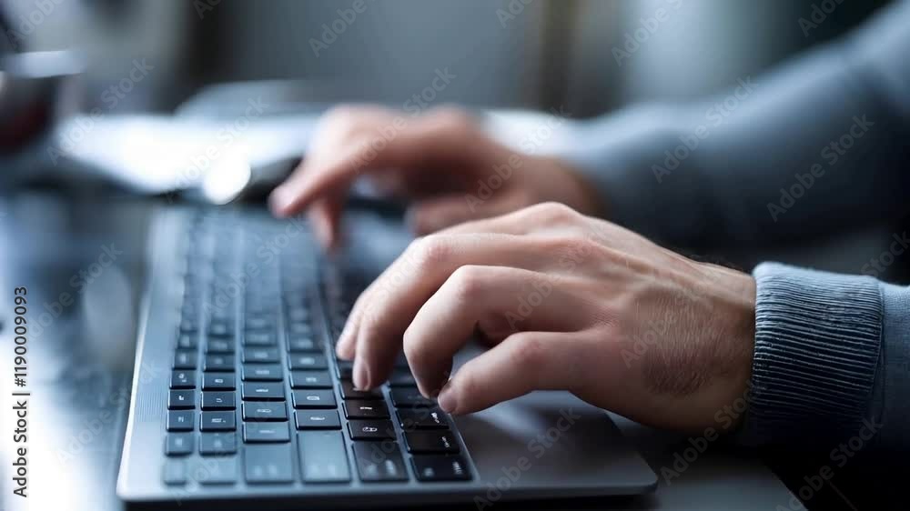 A man is seen typing on the computer keyboard with precision and concentration, evoking the worlds of computer programming, online chat messaging, and online marketing business. A man is seen typing on the computer keyboard with precision and concentration, evoking the worlds of computer programming, online chat messaging, and online marketing business.