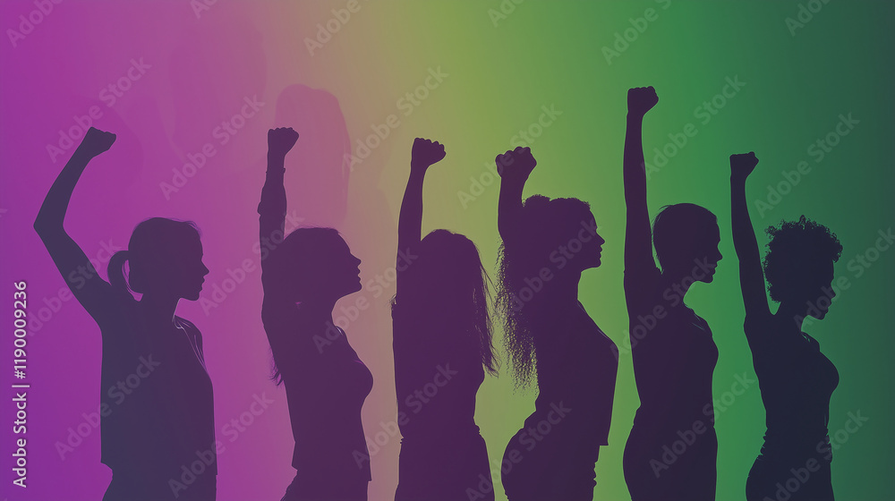 A gradient background from purple to green, with silhouettes of women in different poses of empowerment A gradient background from purple to green, with silhouettes of women in different poses of empowerment
