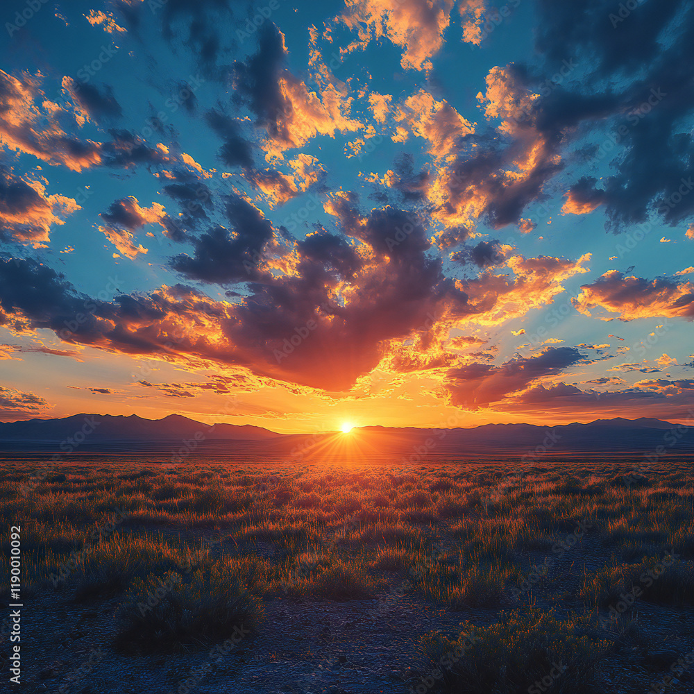 A dramatic cloudy sky over a vast desert landscape at sunset A dramatic cloudy sky over a vast desert landscape at sunset