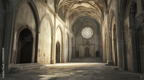 Sunlit aisle in ancient cathedral