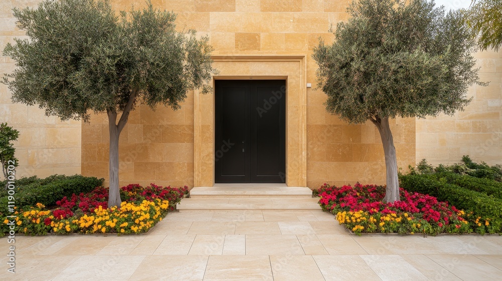 Fototapeta premium Elegant Entrance: Olive Trees Frame a Modern Black Door