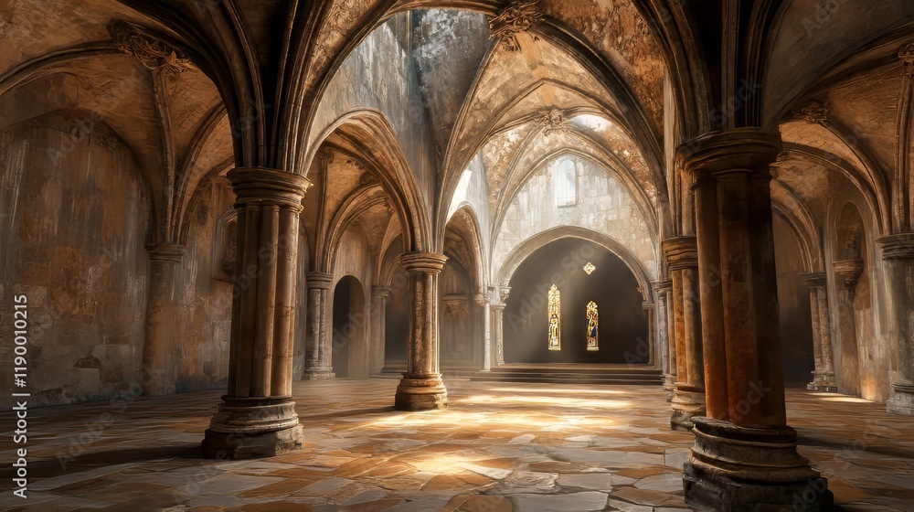 Fototapeta premium Sunlit Gothic hall, ancient stone
