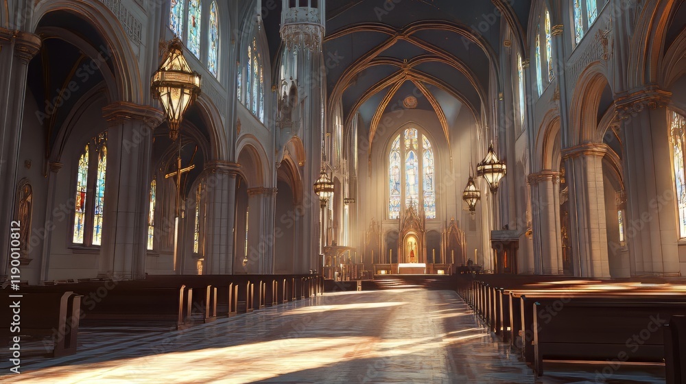 Sunlit cathedral interior, peaceful Sunlit cathedral interior, peaceful