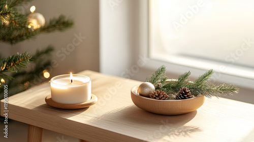 Wallpaper Mural cozy holiday scene featuring lit candle and decorative bowl with pinecones and greenery, creating warm and inviting atmosphere Torontodigital.ca