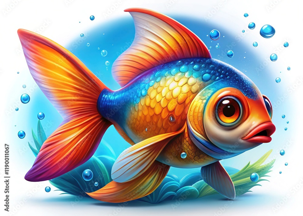 Fototapeta premium Cartoon Fish Blue Orange Tail, Colorful Fish Illustration, Bright Aquatic Animal