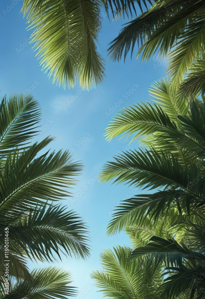 Exotic tropical palm leaves against a clear blue sky, sunshine, tropical, greenery, vibrant Exotic tropical palm leaves against a clear blue sky, sunshine, tropical, greenery, vibrant