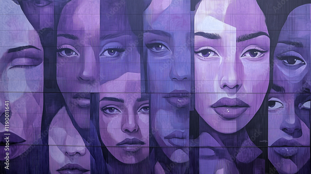 Obraz premium A vast mural of women's faces in various shades of purple