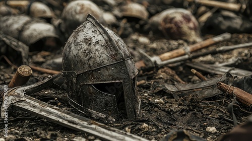 Wallpaper Mural Rusty Medieval Helmet Amongst Weapons on a Battle Ground Torontodigital.ca