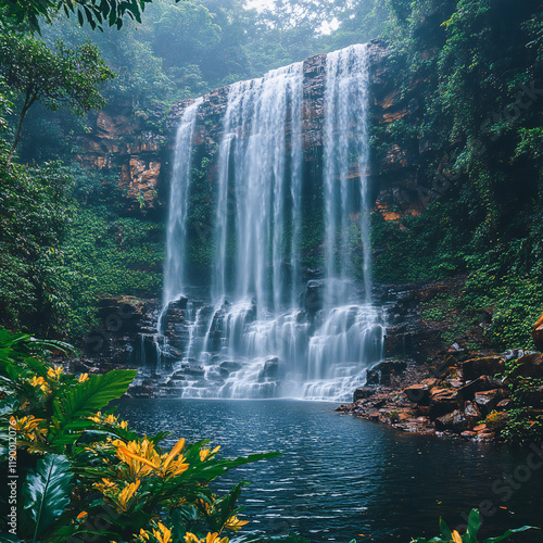 A dramatic view of a jungle waterfall surrounded by dense foliage photo