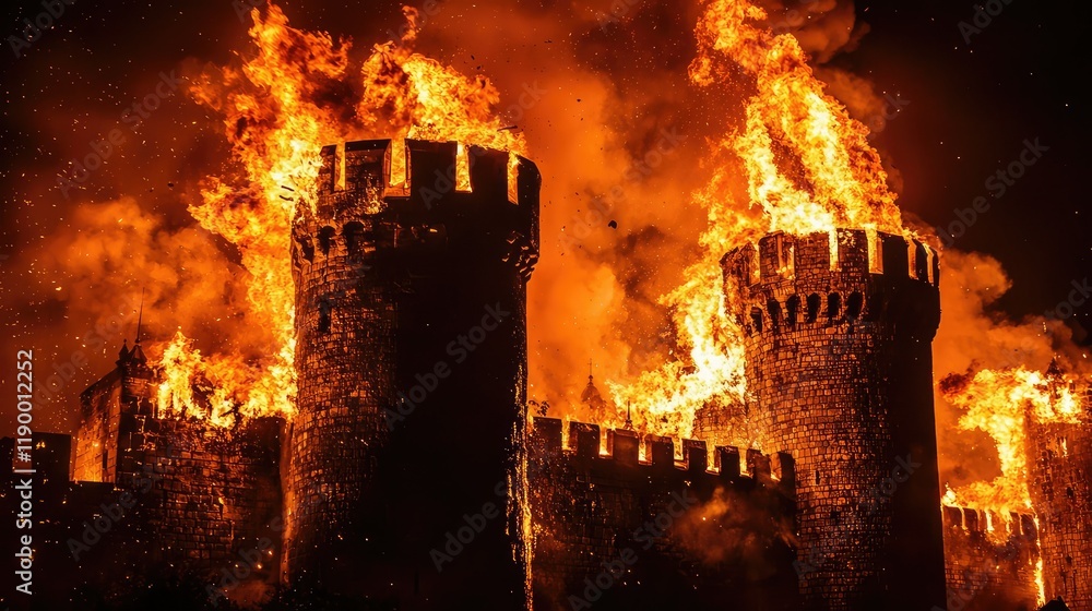 Fototapeta premium Castle engulfed in flames during dramatic night scene