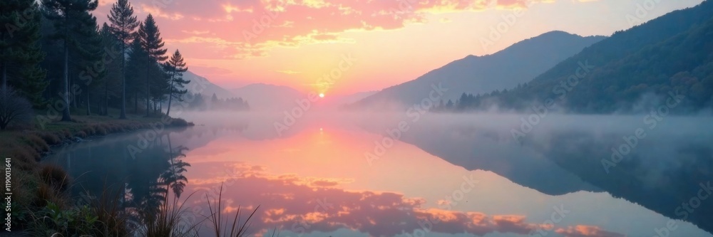 Obraz premium Ethereal mist rises above a serene lake at dawn , peaceful, landscape, mystical