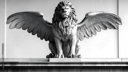 Winged Lion Statue, Building Facade, City, Monochrome.
