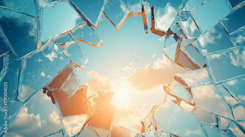 An artistic representation of a broken glass ceiling, with pieces falling away to reveal a bright sky