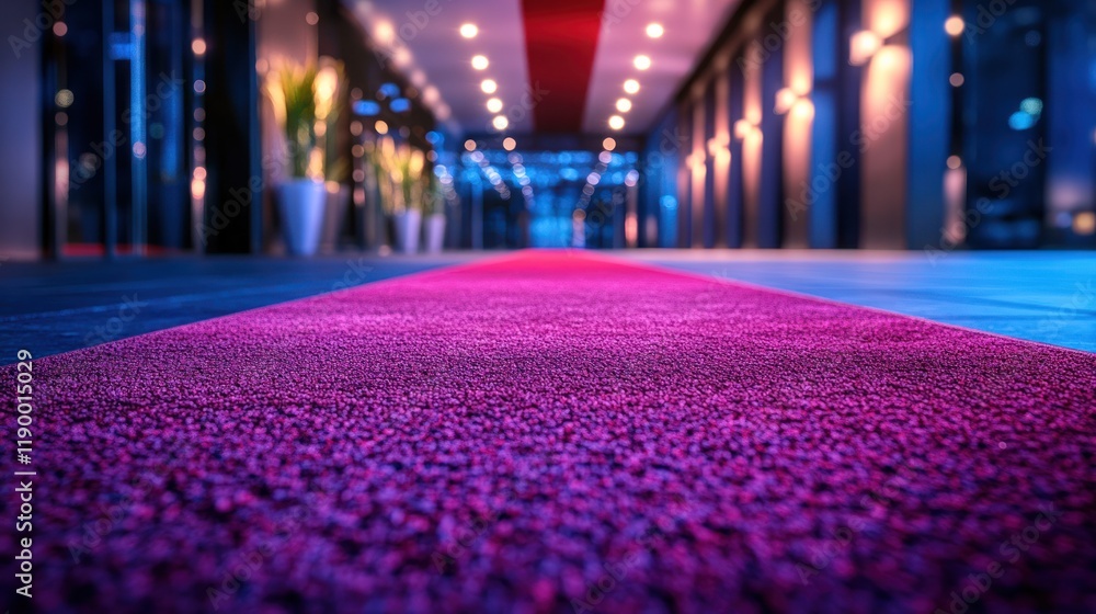 Pink carpet path, modern lobby, event entrance, night Pink carpet path, modern lobby, event entrance, night