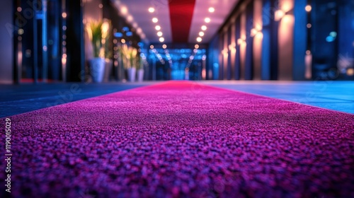 Pink carpet path, modern lobby, event entrance, night photo