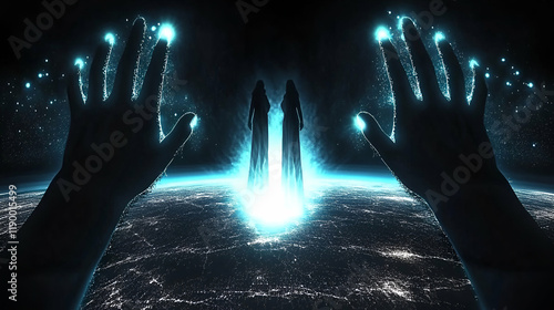 Cosmic Emergence, Two Figures Appear, Illuminated by Glowing Hands Reaching from a Vast, Starry Universe photo