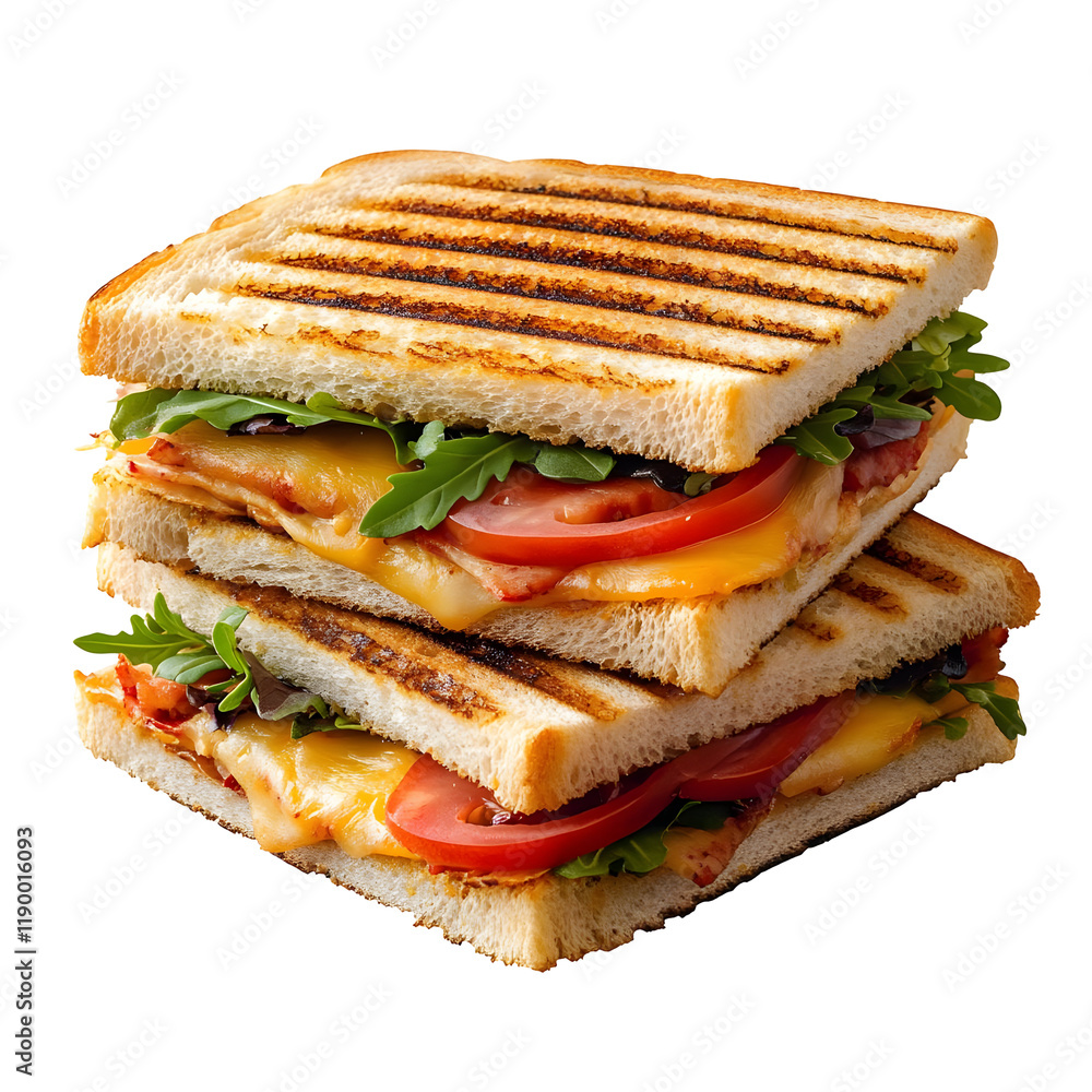 Grilled cheese and tomato sandwich with bacon and arugula isolated on transparent background. Grilled cheese and tomato sandwich with bacon and arugula isolated on transparent background.
