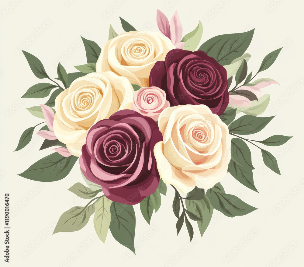 Fototapeta premium bouquet of burgundy, cream, and pink roses with greenery