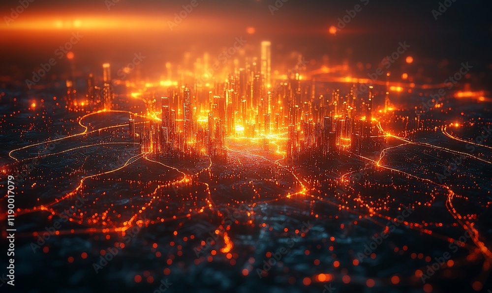 Fototapeta premium Fiery city at sunset, digital art, futuristic landscape