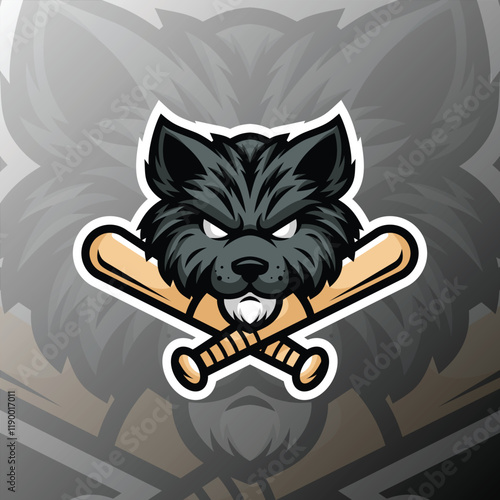 A mascot of a cat head holding two baseball bats photo