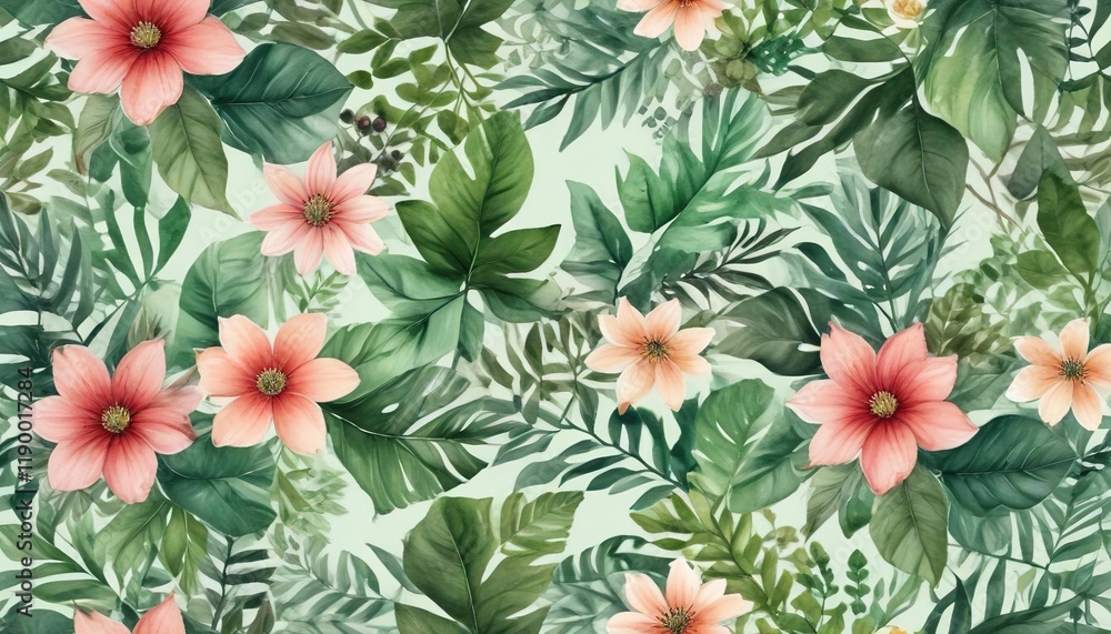 Nature inspired watercolor design with leaf and flower elements in seamless pattern, leaf, pattern, seamless, nature inspired Nature inspired watercolor design with leaf and flower elements in seamless pattern, leaf, pattern, seamless, nature inspired
