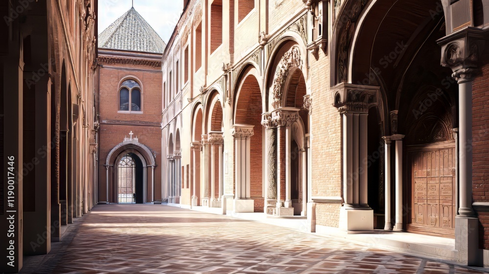 Obraz premium Sunlit Courtyard with Brick Arches
