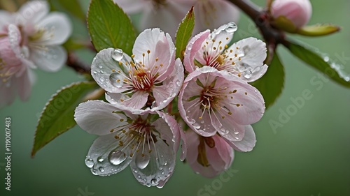 Close-Up of Yoshino Cherry Blossoms with Morning Dew, Capturing Spring’s Freshness photo