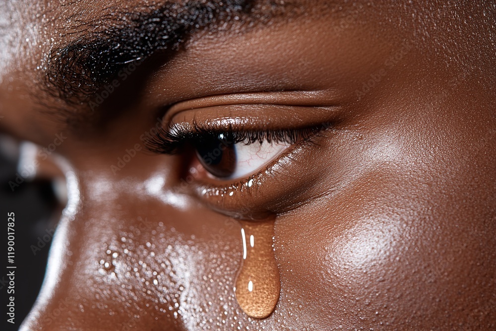 Fototapeta premium A close-up captures the emotion on a person's face, highlighting a single tear rolling down their cheek. The lighting emphasizes the texture of their skin and the depth of their gaze