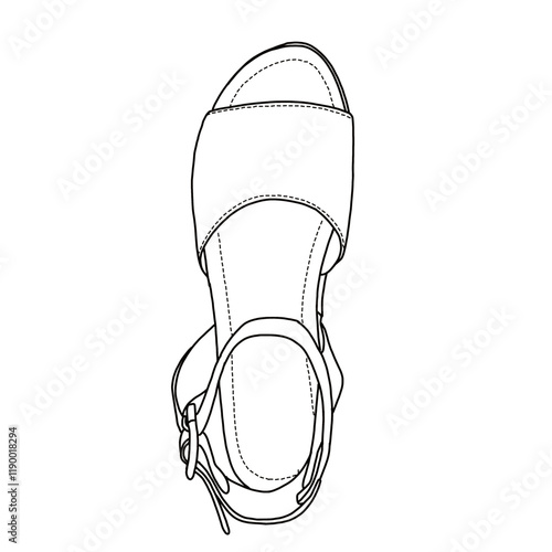 Women's Open Toe Buckle Ankle Strap Espadrilles Platform line art, Technical sketch hand drawing outline vector doodle top view isolated on white background for coloring page