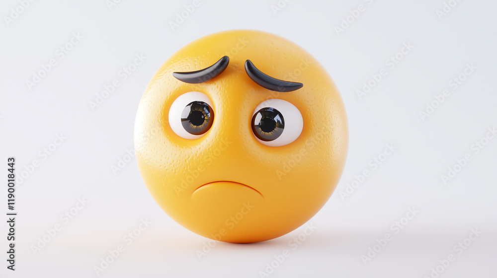 3D Sad Emoji Face with Downturned Mouth and Furrowed Brows on White Background