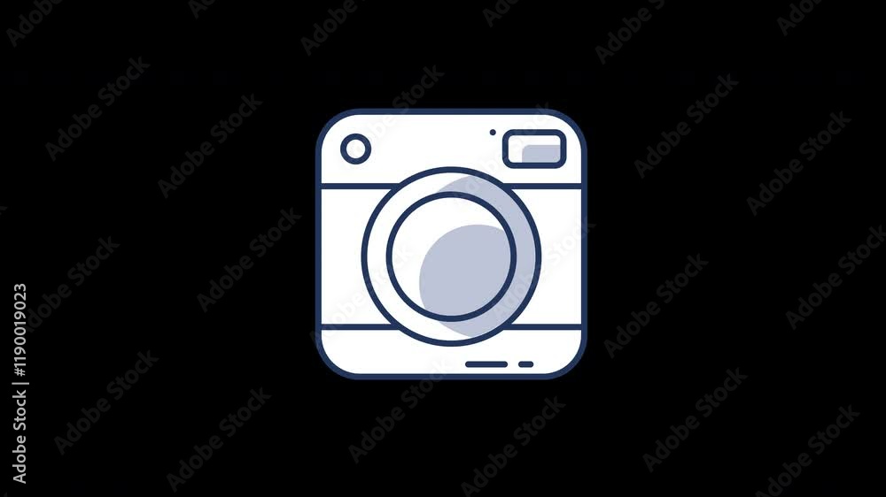 A simple and clean 2D cartoon camera icon with a minimalist design on a dark background. A simple and clean 2D cartoon camera icon with a minimalist design on a dark background.