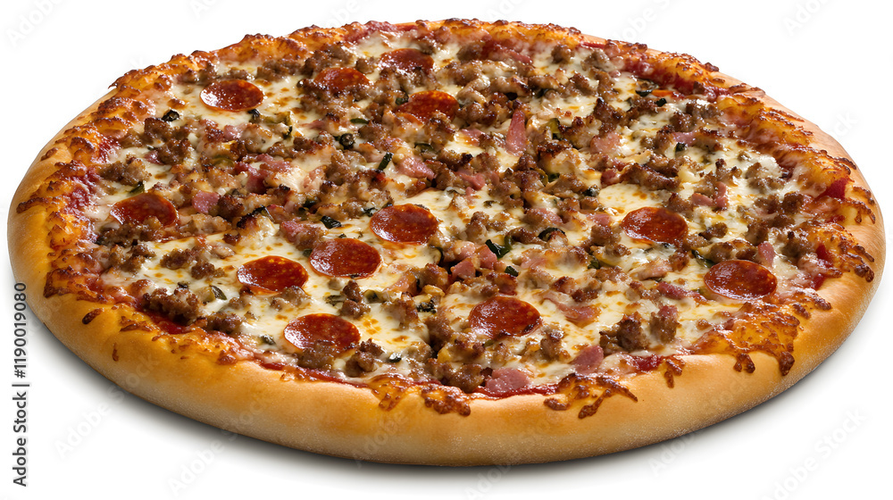A delicious meat lovers pizza with pepperoni, sausage, ham, and bacon on a thin crust. Perfect for sharing or a satisfying meal! A delicious meat lovers pizza with pepperoni, sausage, ham, and bacon on a thin crust. Perfect for sharing or a satisfying meal!