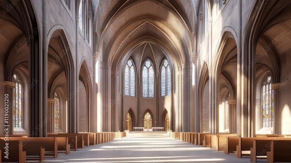 Fototapeta premium Sunlit cathedral interior, serene space