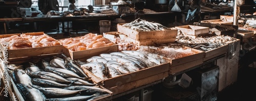 A vibrant raw fish market brimming with fresh seafood options.