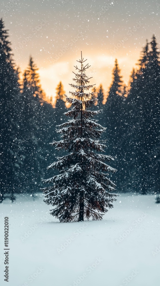 Fototapeta premium Snowy Pine Tree in Winter Wonderland Sunset