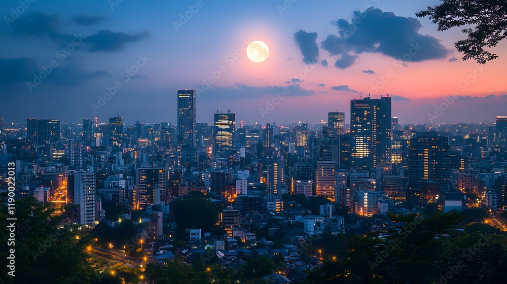 Fototapeta premium Stunning city skyline under a full moon at dusk.
