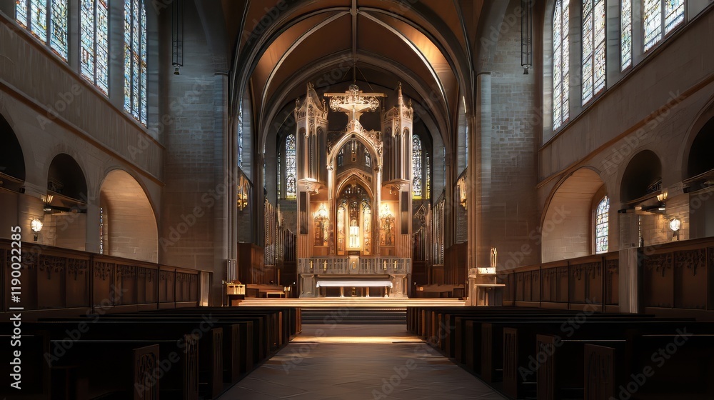 Fototapeta premium Tranquil church interior, serene space