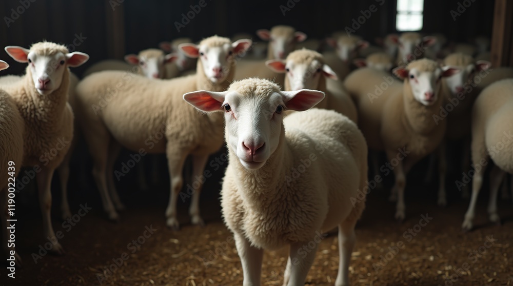 Obraz premium Herd of Sheep Gathered Inside a Dimly Lit Barn With Straw-Covered Floor