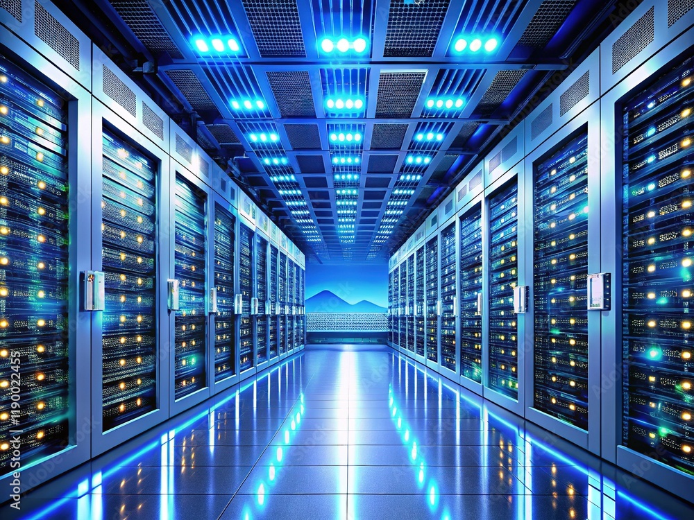 Obraz premium Modern Data Center: Cloud Computing, AI, & Telecommunications Infrastructure