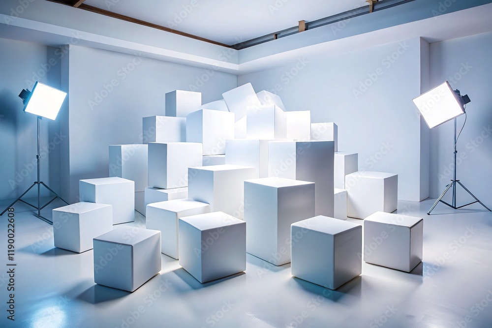 Obraz premium Modern Studio Photography: Geometric Shapes, White Cubes, Parallelepipeds, Cyclorama Background
